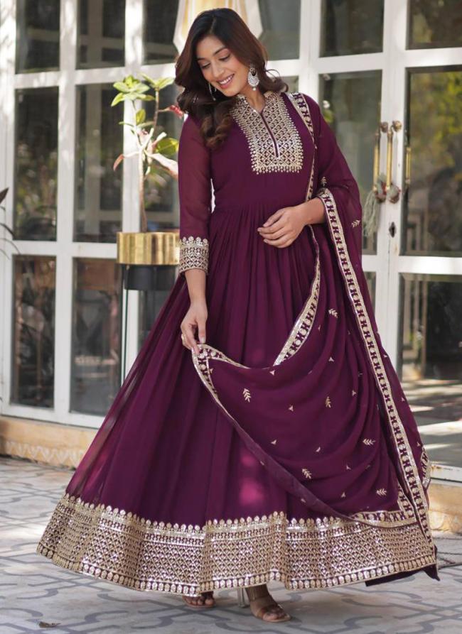 Georgette Wine Party Wear Embroidery Work Readymade Anarkali Suit